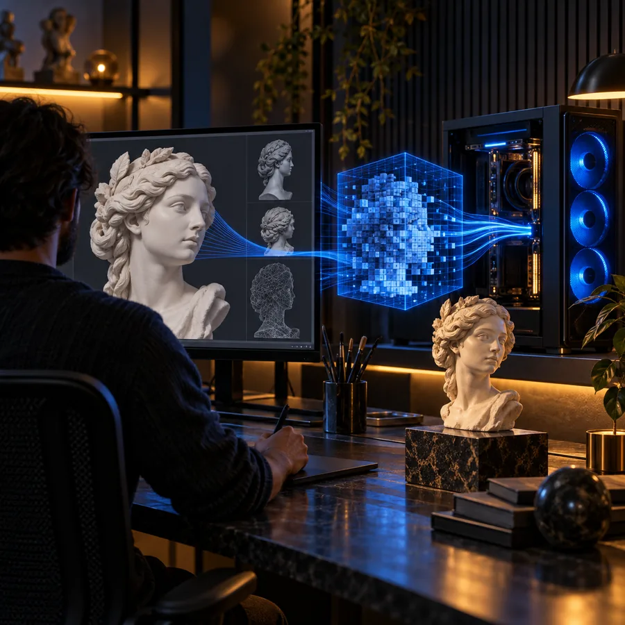 A finished 3D asset being reviewed from multiple angles